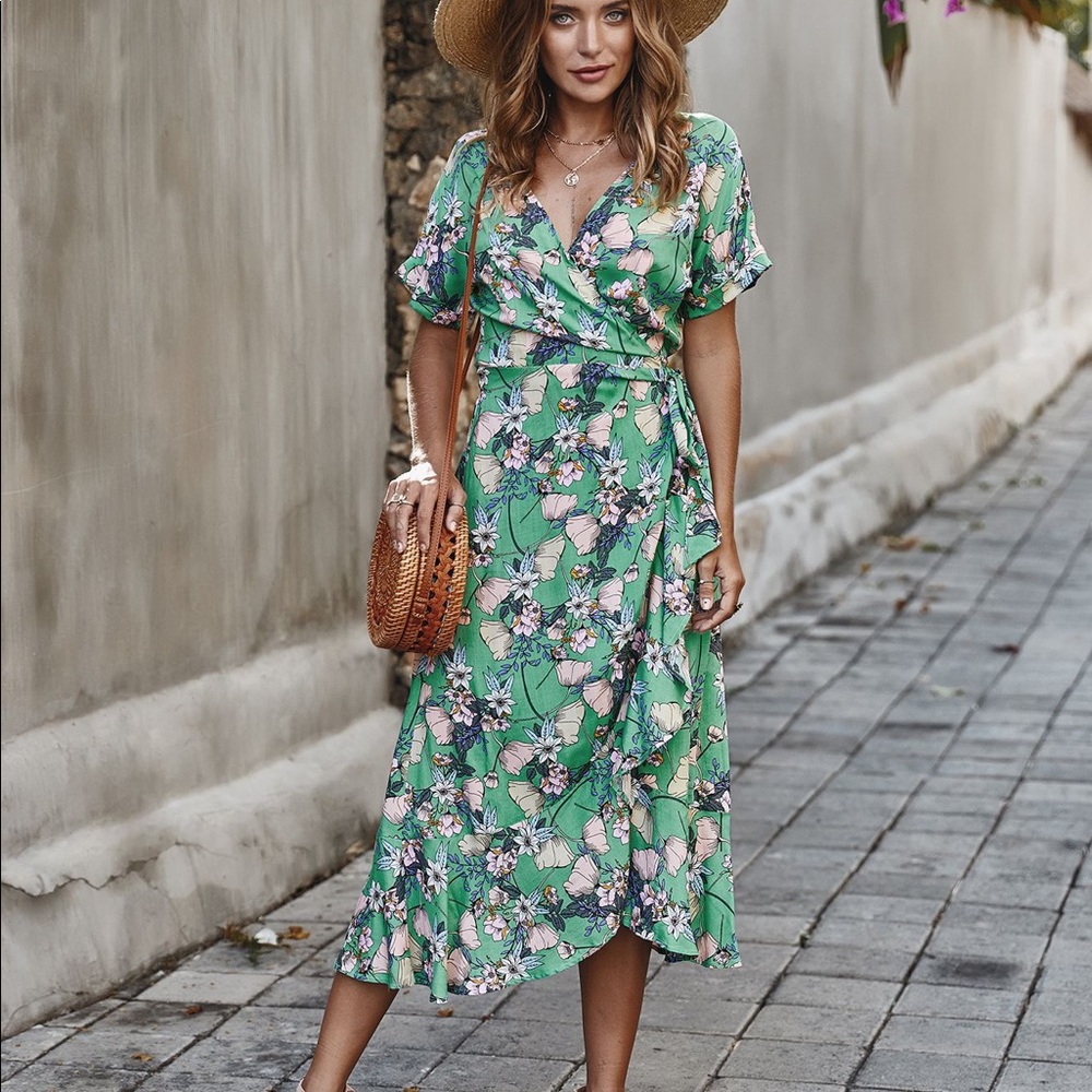 B2G1♦️🆕Floral V Neck Side Tie Ruffled Dress Jade - Picture 6 of 8